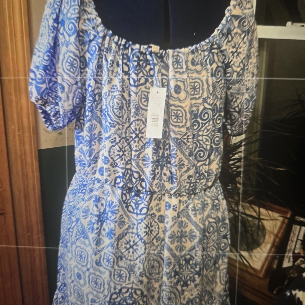 Blue and White Printed Puff-Sleeve Maxi Dress - Picture 3 of 8